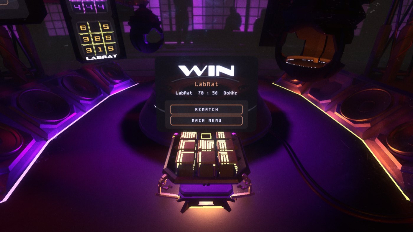 The end of a match: the word WIN, the winner's name and the score above the winner's board